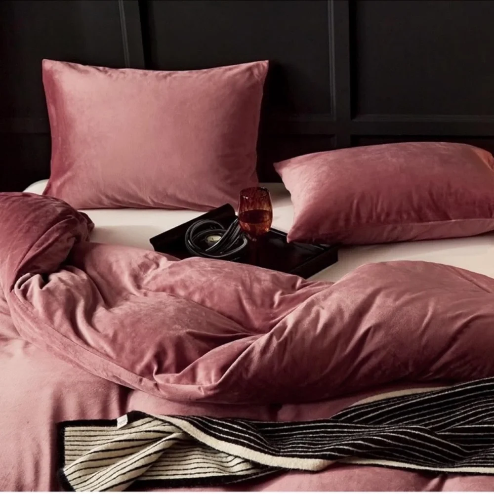 🆕 Pink Velvet Duvet Set Queen Pillow Shams Soft Cozy Warm Luxury Bedding Hotel
